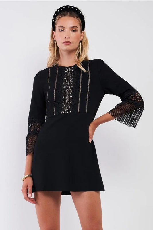 Black Round Neck Crochet Lace Trim Mini Dress /1-1-2-1 - Tasha Apparel Wholesale