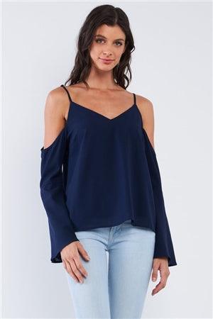 Navy Blue Relaxed Fit V-Neck Off-The-Shoulder Long Trumpet Sleeve Top