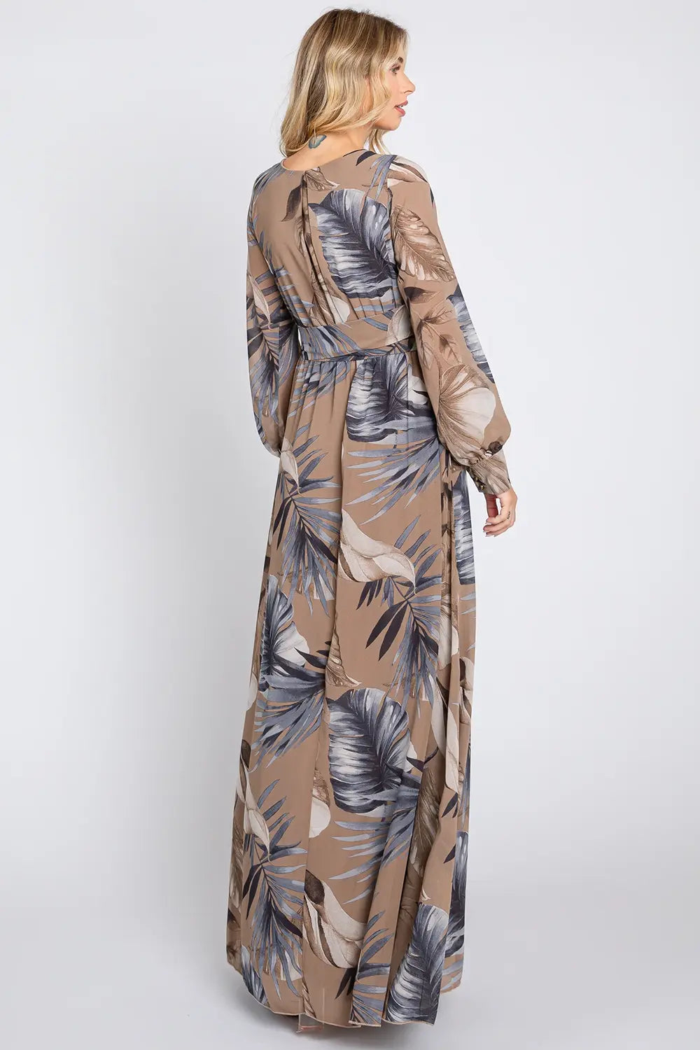 Tropical Palm Print Long Sleeve Chiffon Wrap Boutique Resort Maxi Dress