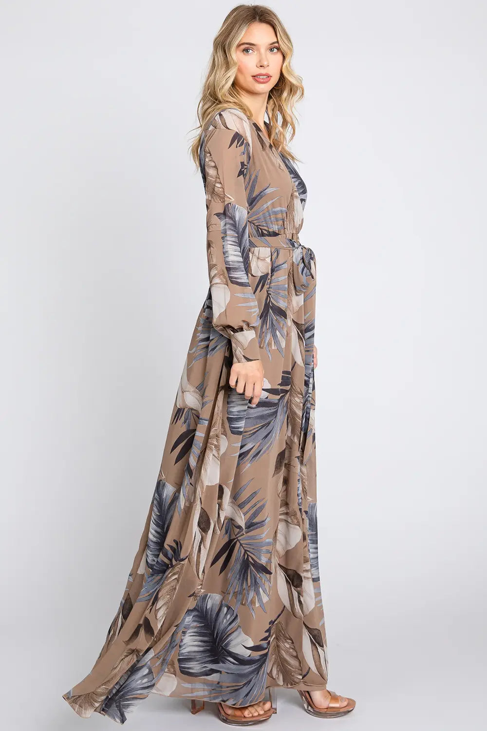 Tropical Palm Print Long Sleeve Chiffon Wrap Boutique Resort Maxi Dress