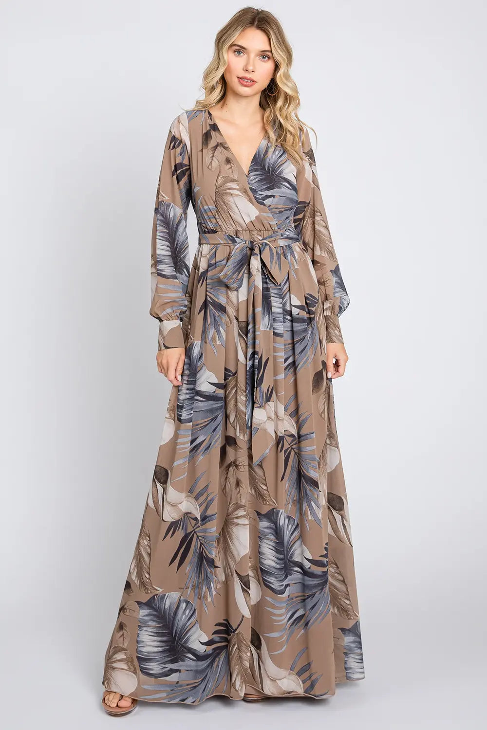 Tropical Palm Print Long Sleeve Chiffon Wrap Boutique Resort Maxi Dress