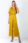 Yellow Dolman Sleeve V-Neck Satin Jumpsuit - Tasha Apparel Wholesale