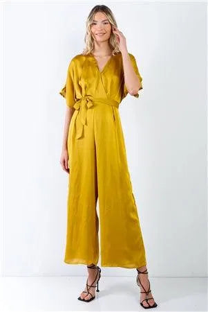 Yellow Dolman Sleeve V-Neck Satin Jumpsuit - Tasha Apparel Wholesale
