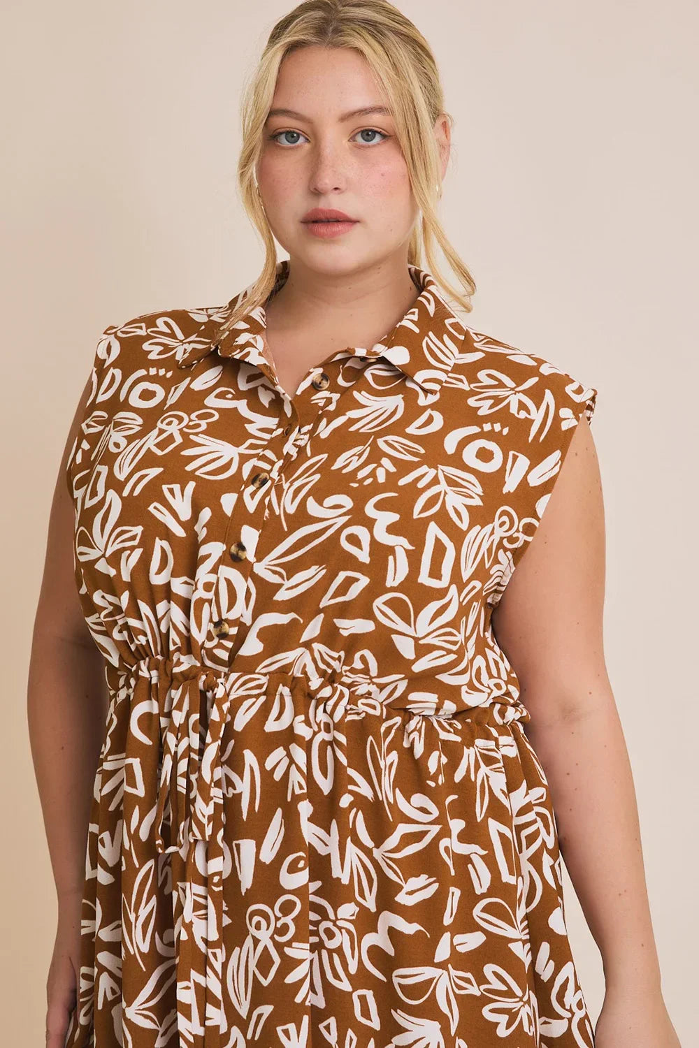Plus Size Abstract Floral Print Collared Sleeveless Boho Caramel Summe Plus Size Abstract Floral Print Collared Sleeveless Boho Caramel Summe