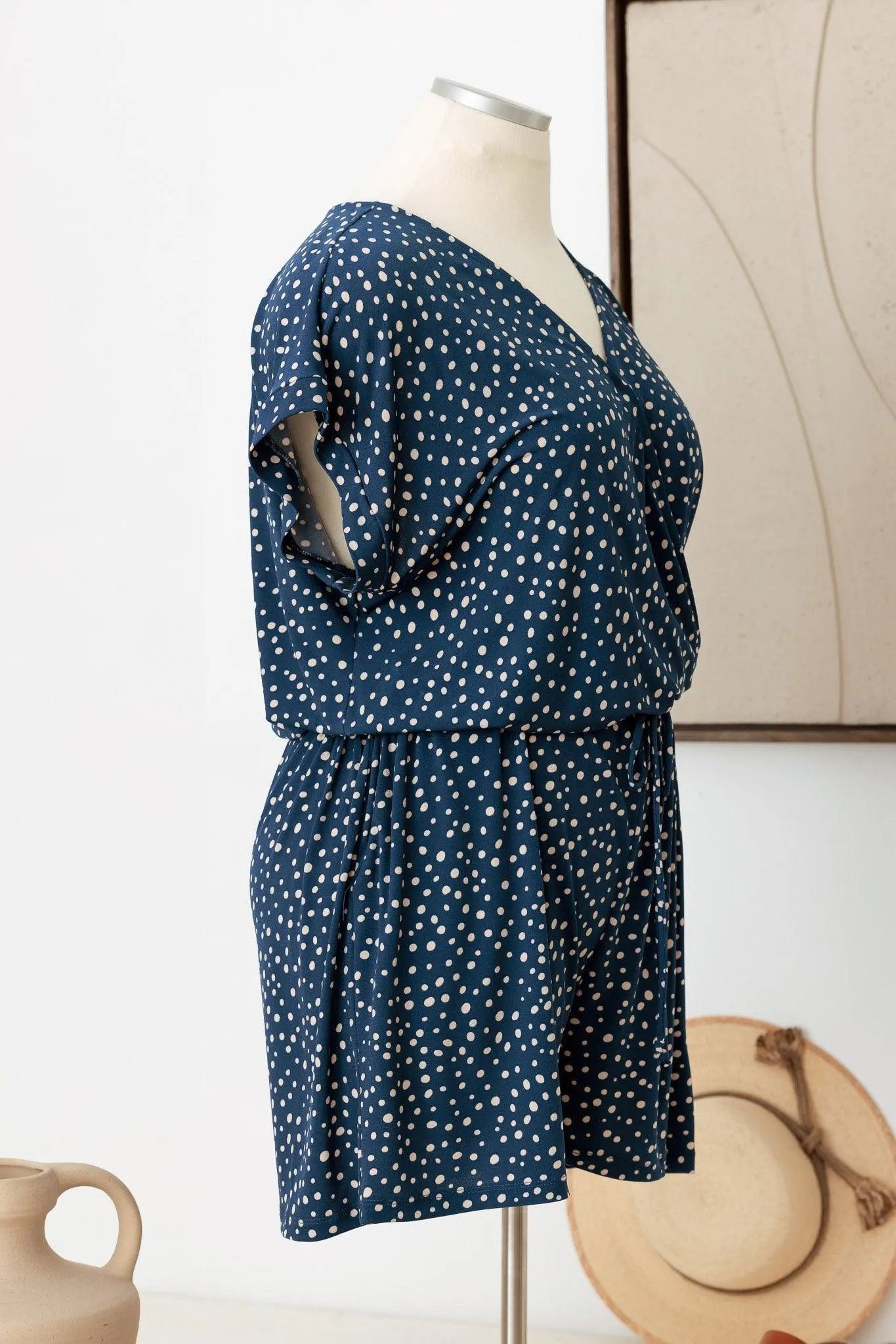 Plus Size Polka Dot Short Sleeve Adjustable Belt Warp Romper - Tasha Apparel Wholesale