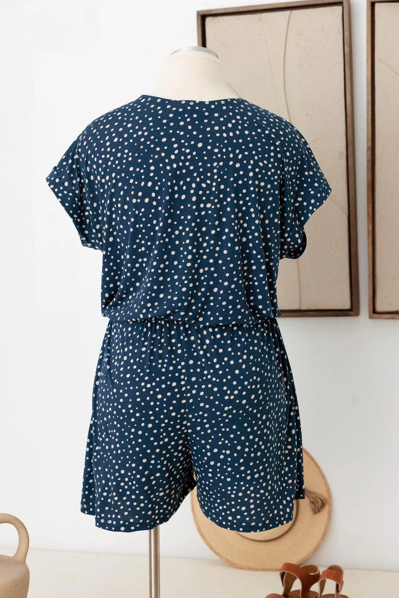 Plus Size Polka Dot Short Sleeve Adjustable Belt Warp Romper - Tasha Apparel Wholesale