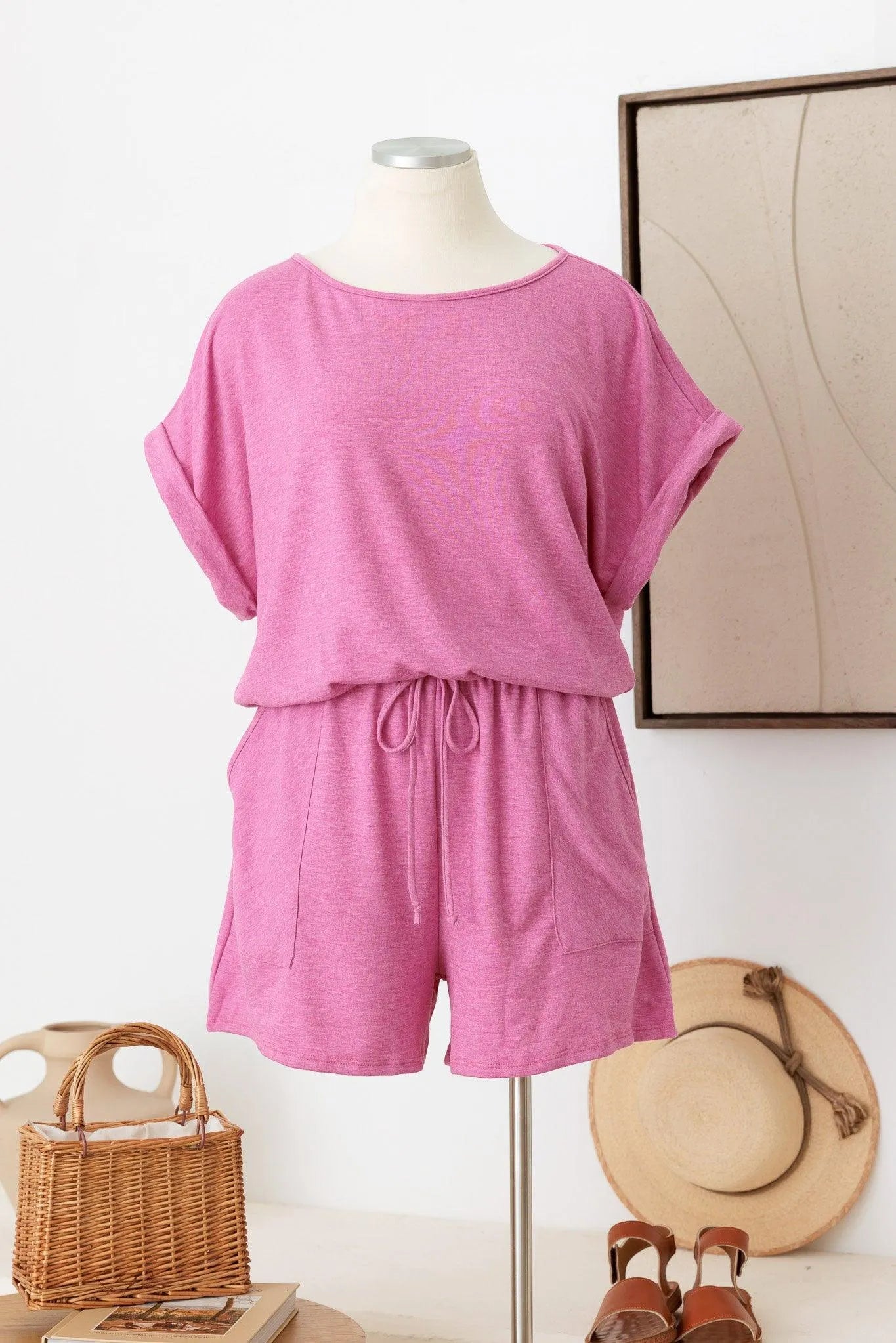 Plus Size Short Sleeve Elastic Waist Front Pocket Romper - Tasha Apparel Wholesale