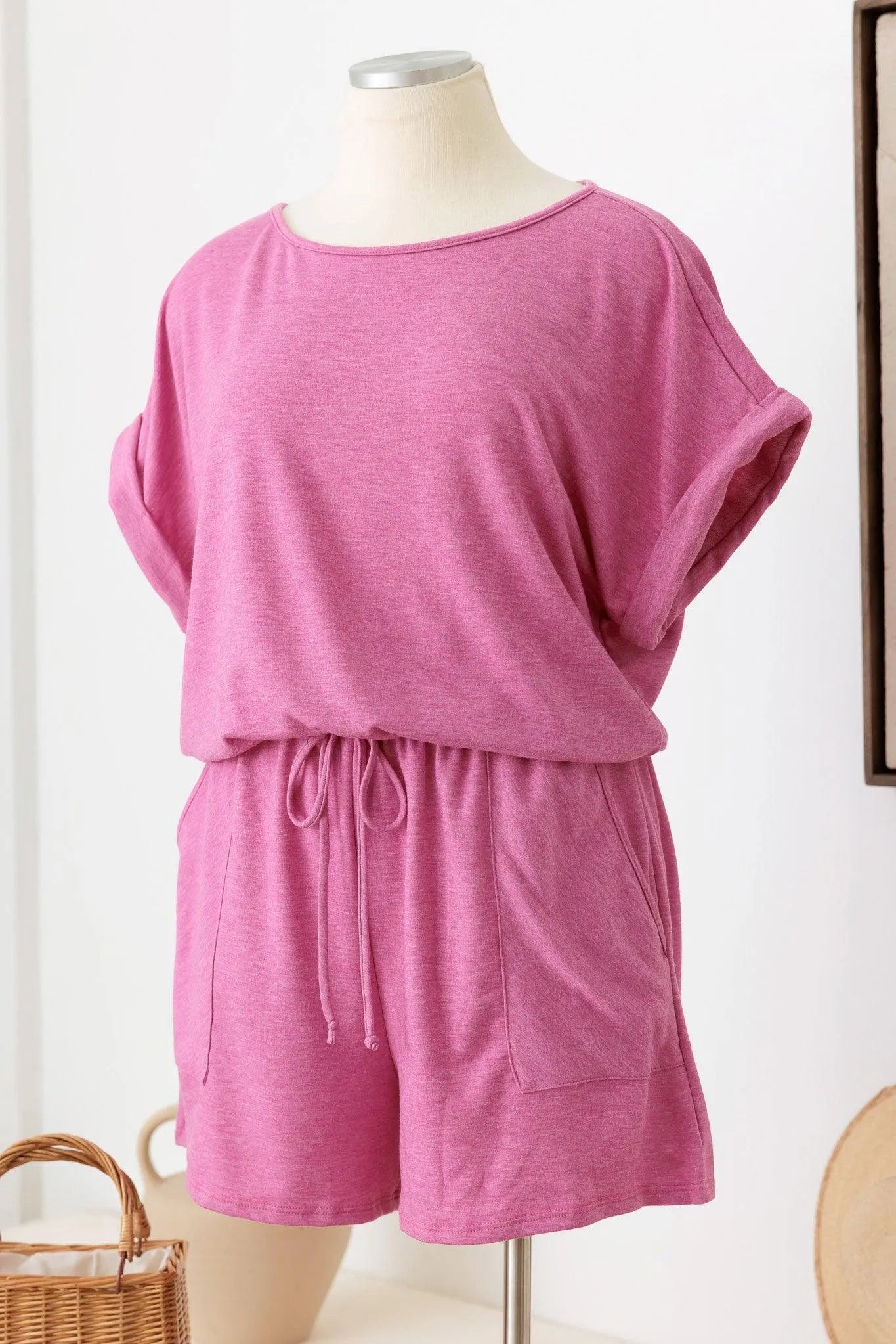 Plus Size Short Sleeve Elastic Waist Front Pocket Romper - Tasha Apparel Wholesale