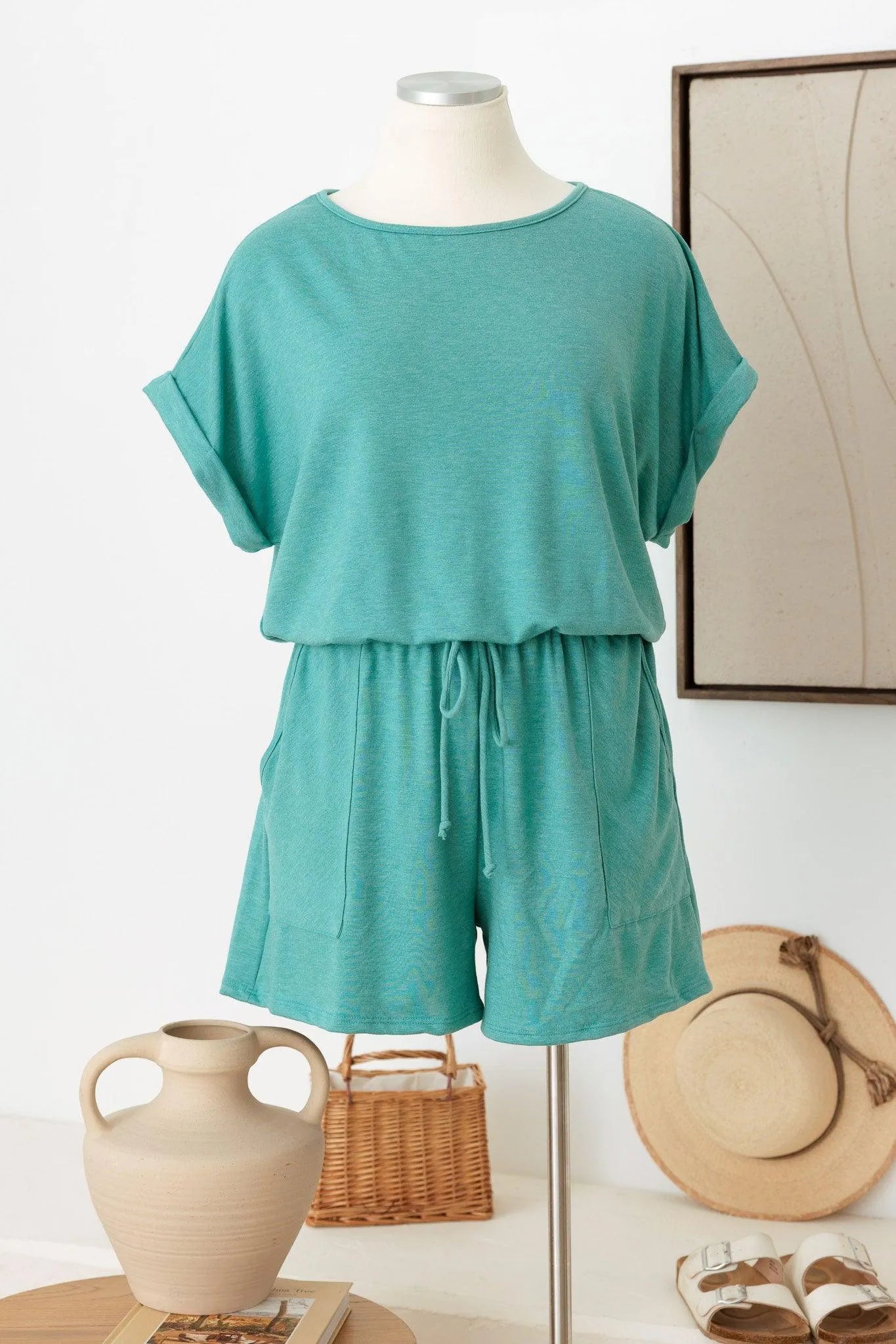 Plus Size Short Sleeve Elastic Waist Front Pocket Romper - Tasha Apparel Wholesale