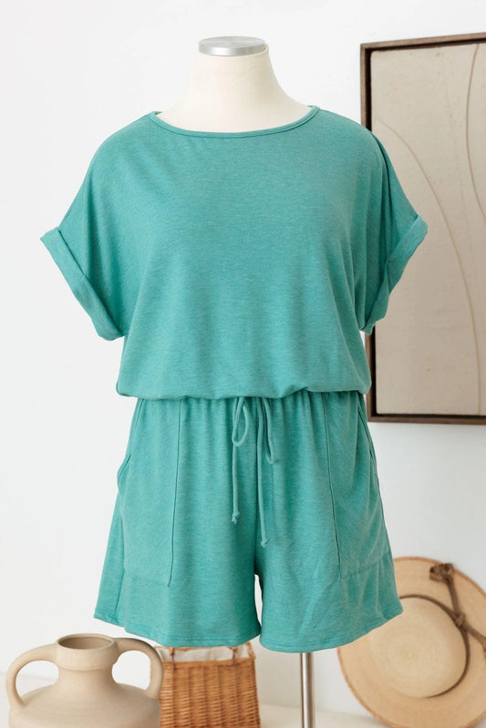 Plus Size Short Sleeve Elastic Waist Front Pocket Romper - Tasha Apparel Wholesale