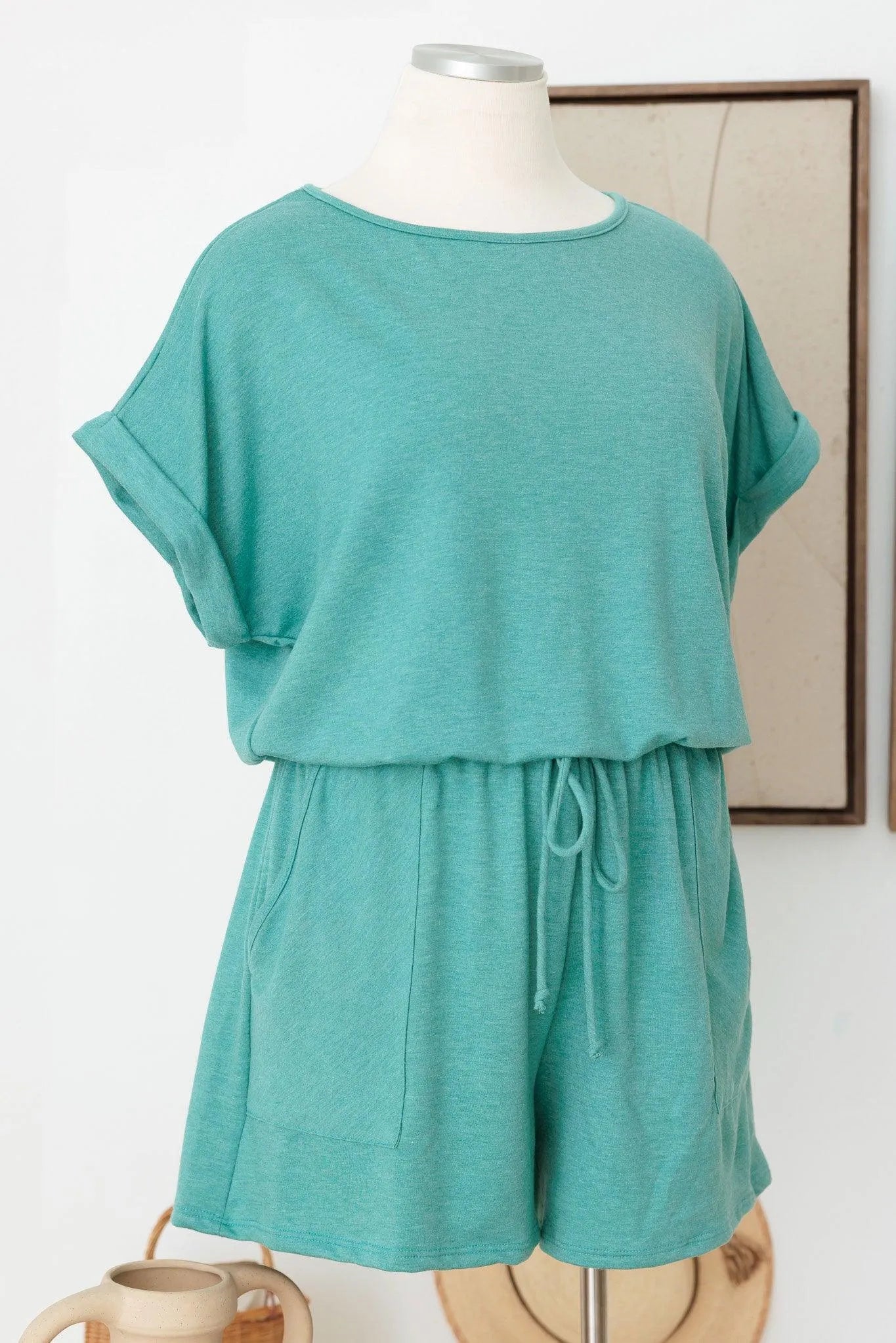 Plus Size Short Sleeve Elastic Waist Front Pocket Romper - Tasha Apparel Wholesale