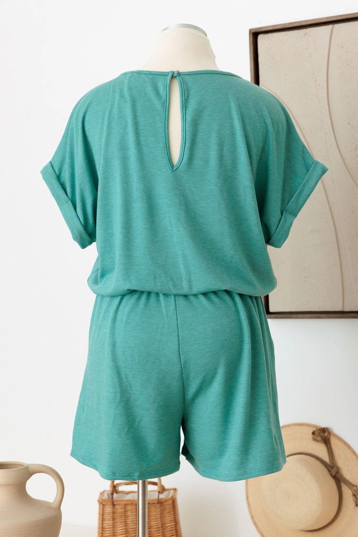 Plus Size Short Sleeve Elastic Waist Front Pocket Romper - Tasha Apparel Wholesale