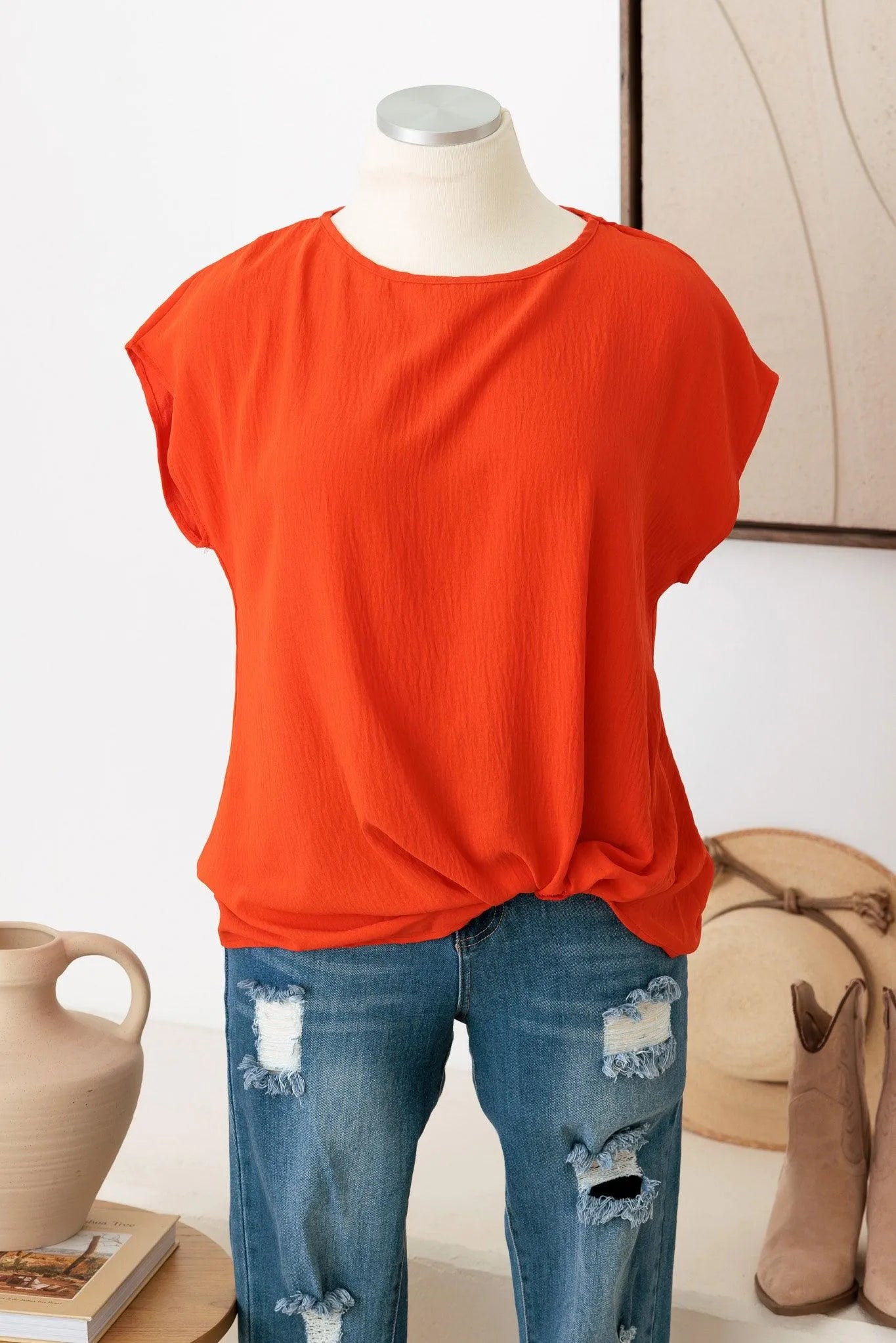 Plus Size Front Knot Solid Woven Tee - Tasha Apparel Wholesale