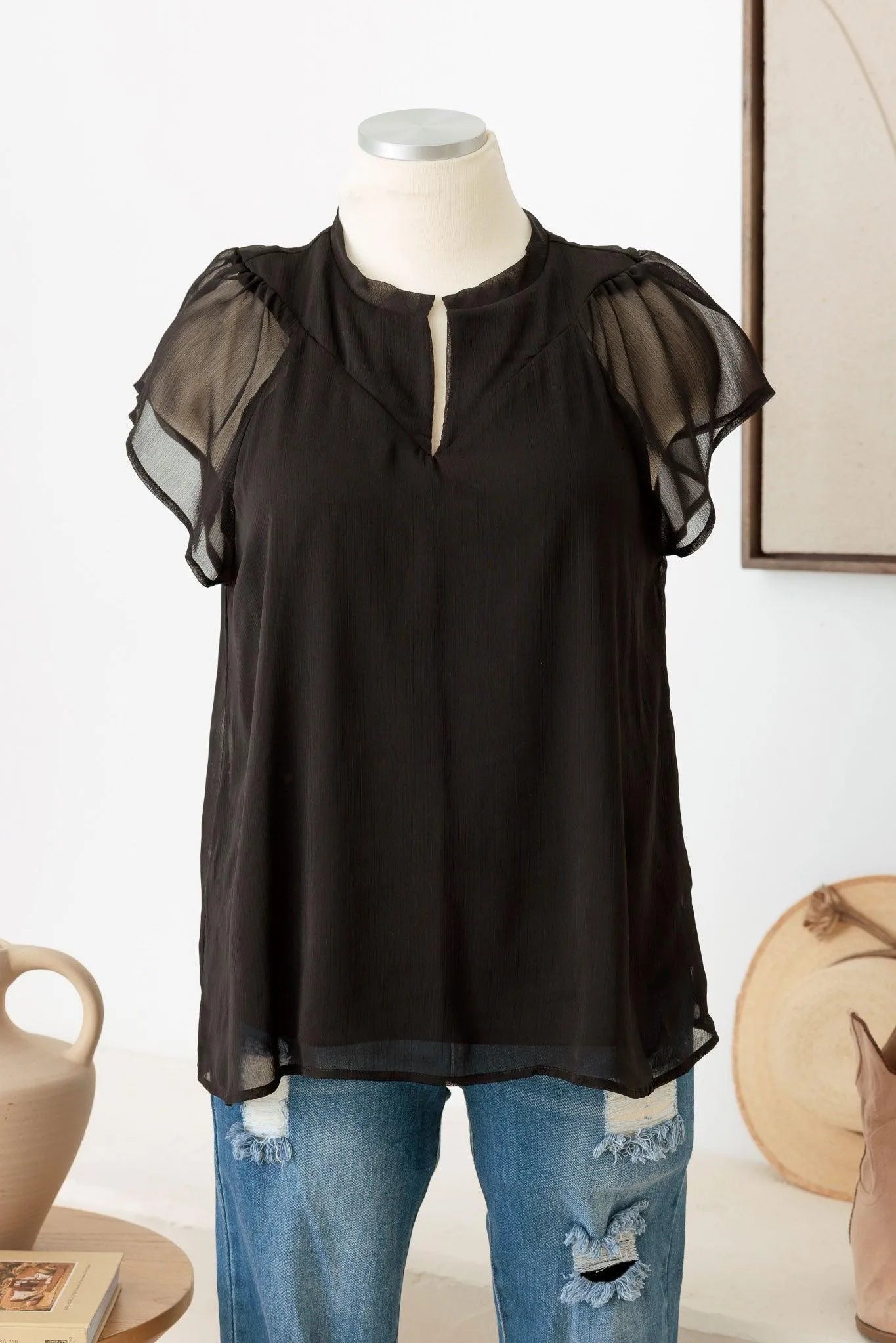 Plus Size Short Flowly Sleeve Front Slit Shirring Top - Tasha Apparel Wholesale