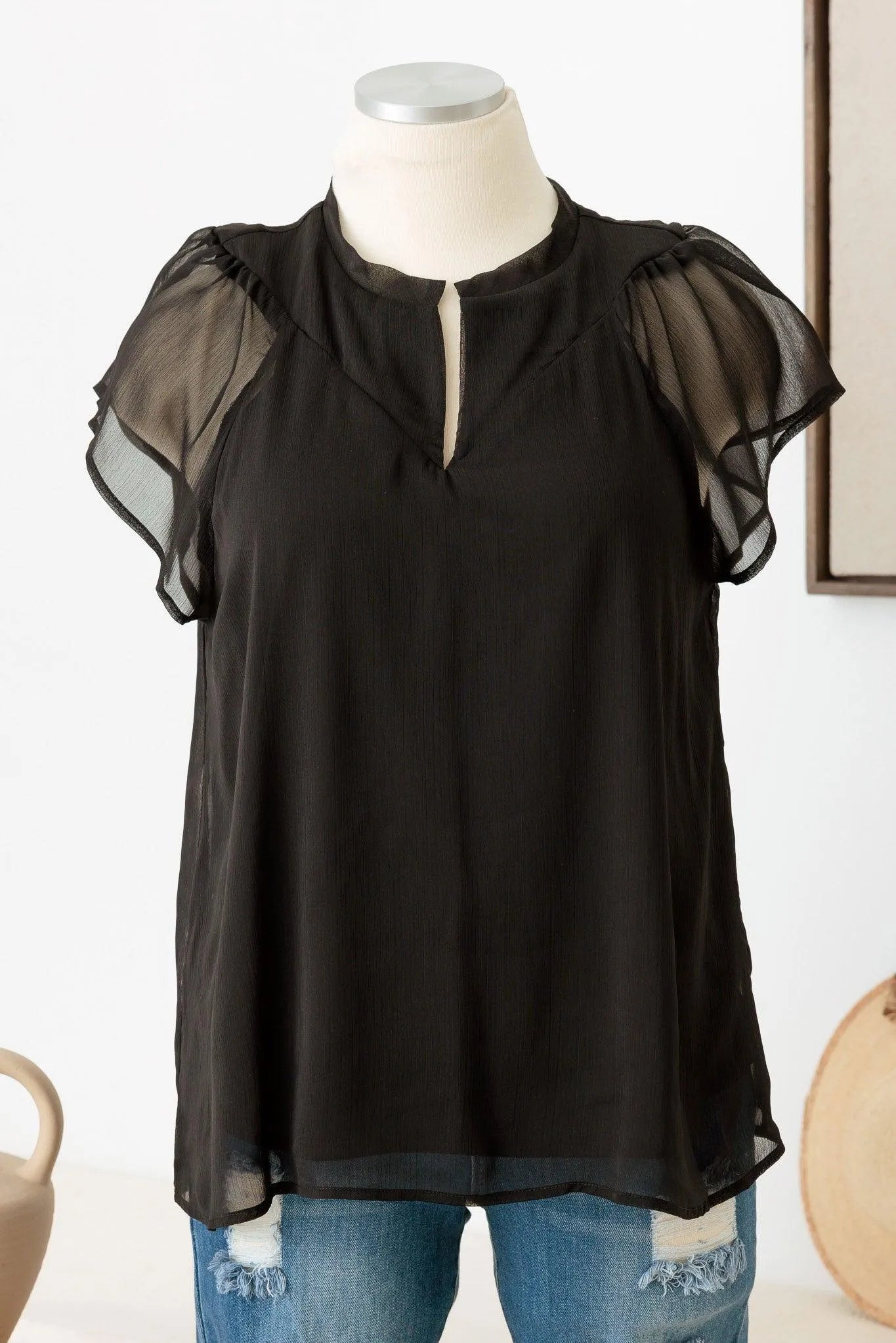 Plus Size Short Flowly Sleeve Front Slit Shirring Top - Tasha Apparel Wholesale