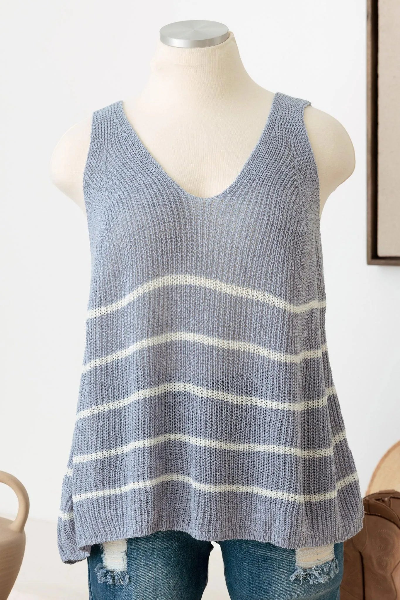 Plus Size Sleeveless V-Neck Striped Sweater Top - Tasha Apparel Wholesale