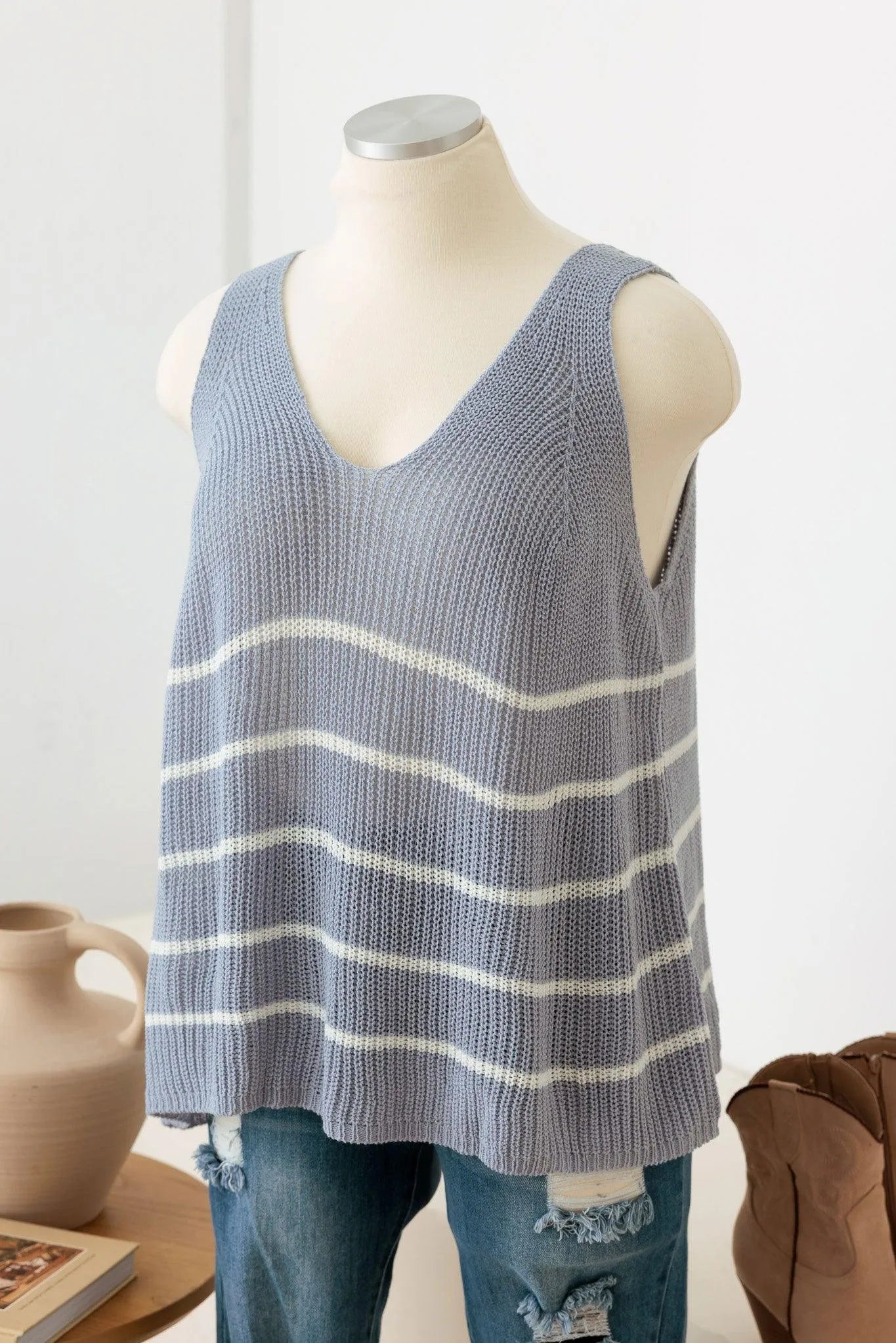 Plus Size Sleeveless V-Neck Striped Sweater Top - Tasha Apparel Wholesale