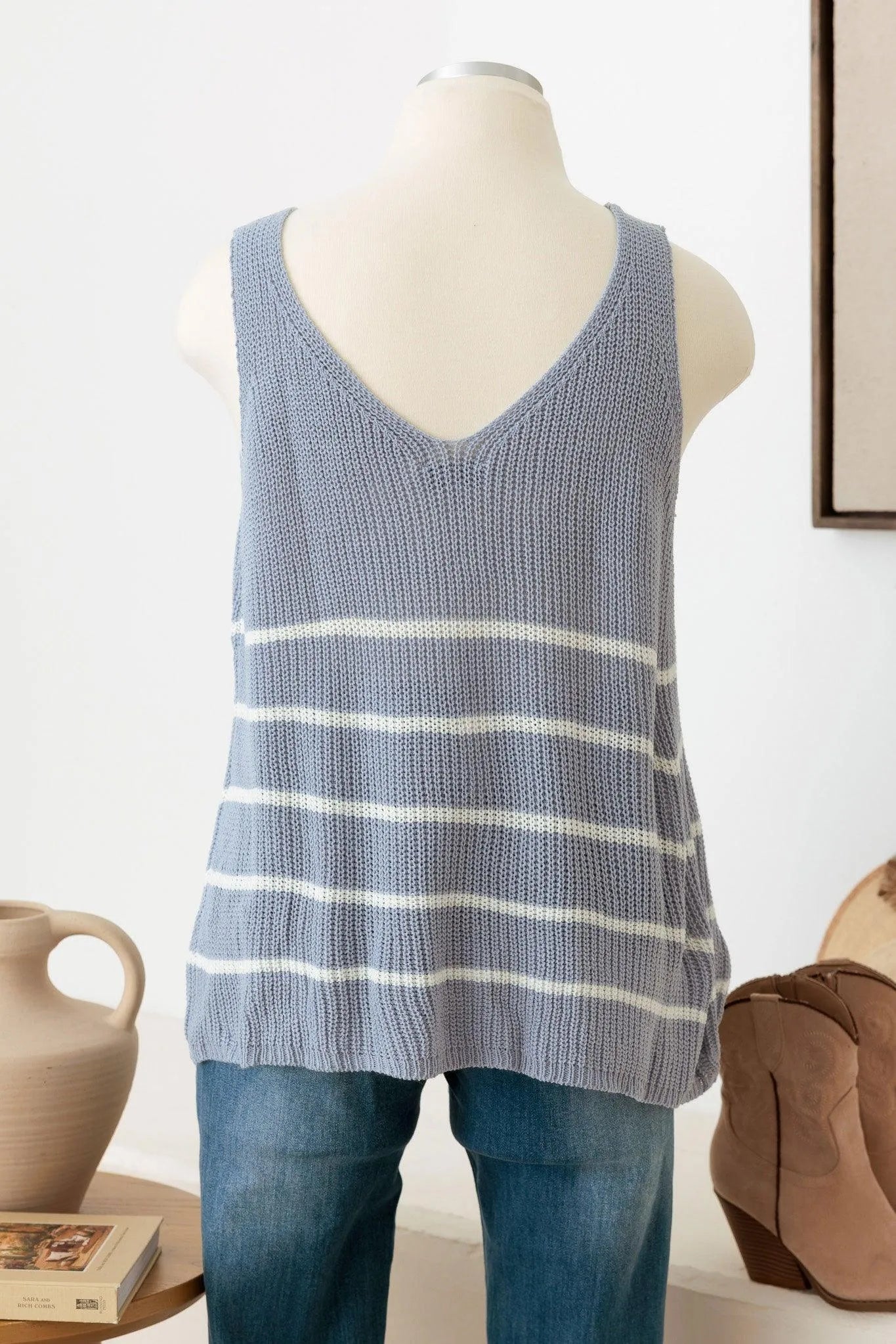 Plus Size Sleeveless V-Neck Striped Sweater Top - Tasha Apparel Wholesale