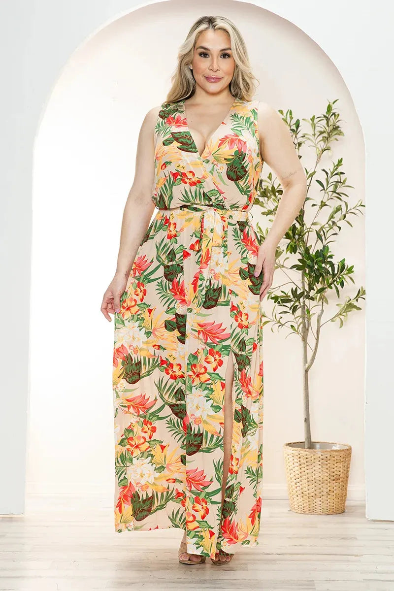 Boho Junior Plus Size Floral Wrap Belted Front Slit Maxi Dress Taupe / 1X-2X-3X/1-1-1