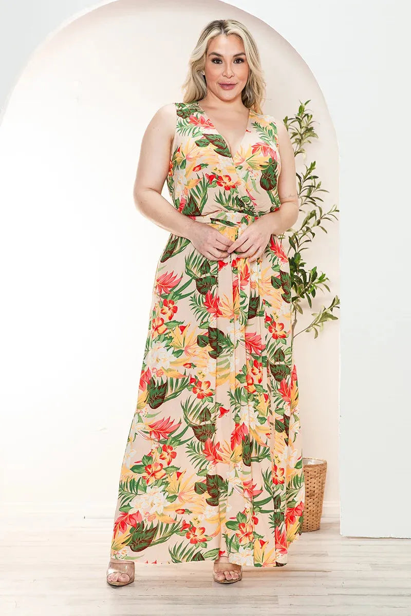 Boho Junior Plus Size Floral Wrap Belted Front Slit Maxi Dress Taupe / 1X-2X-3X/1-1-1 Boho Junior Plus Size Floral Wrap Belted Front Slit Maxi Dress Taupe / 1X-2X-3X/1-1-1