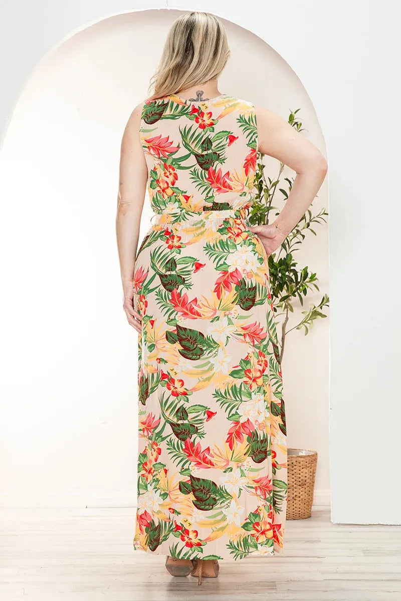 Boho Junior Plus Size Floral Wrap Belted Front Slit Maxi Dress Taupe / 1X-2X-3X/1-1-1 Boho Junior Plus Size Floral Wrap Belted Front Slit Maxi Dress Taupe / 1X-2X-3X/1-1-1