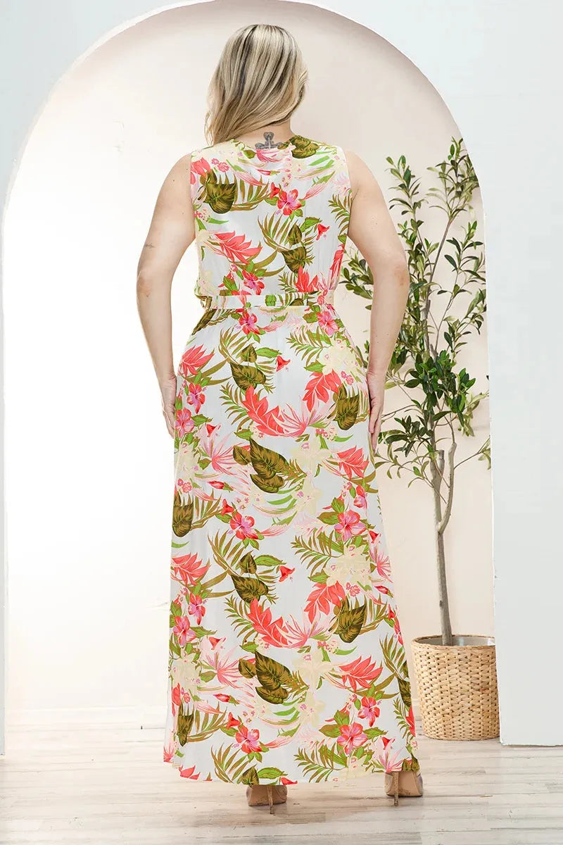 Boho Junior Plus Size Floral Wrap Belted Front Slit Maxi Dress Taupe / 1X-2X-3X/1-1-1 Boho Junior Plus Size Floral Wrap Belted Front Slit Maxi Dress Taupe / 1X-2X-3X/1-1-1