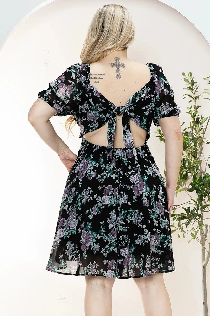 Junior Plus Size Floral Short Balloon Sleeve Mini Dress Black / 1X-2X-3X/1-1-1