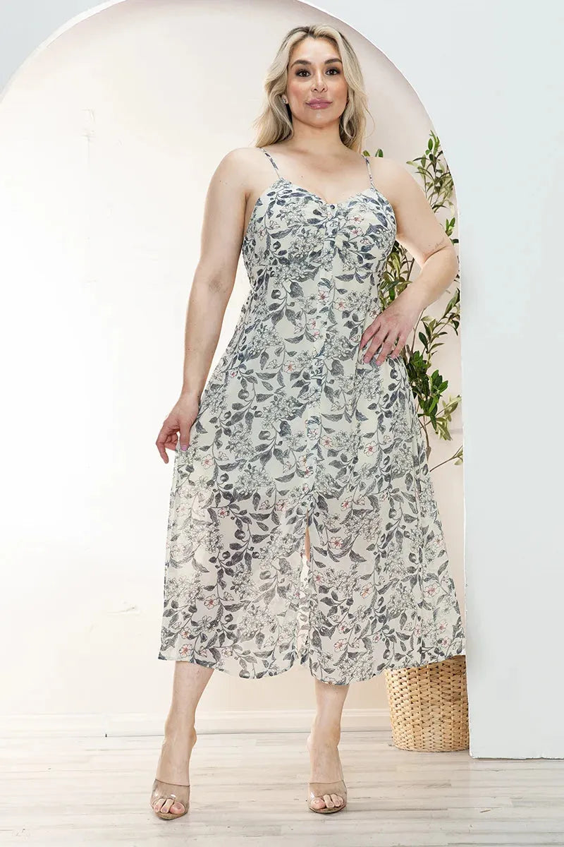 Junior Plus Size Floral Chiffon Sweetheart Neckline Midi Dress Ivory / 1X-2X-3X/1-1-1