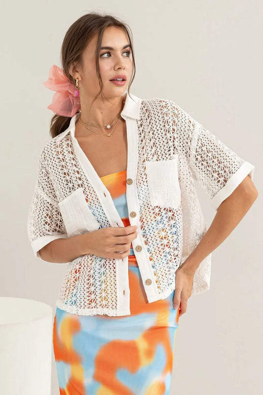 Bohemian Crochet Lightweight Sheer Button-Up Beach Cover Top - Tasha Apparel Wholesale