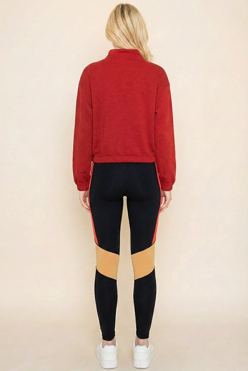 Red Mock Neck Pullover Sweatshirt Half Zip Cropped Activewear Top - Tasha Apparel Wholesale