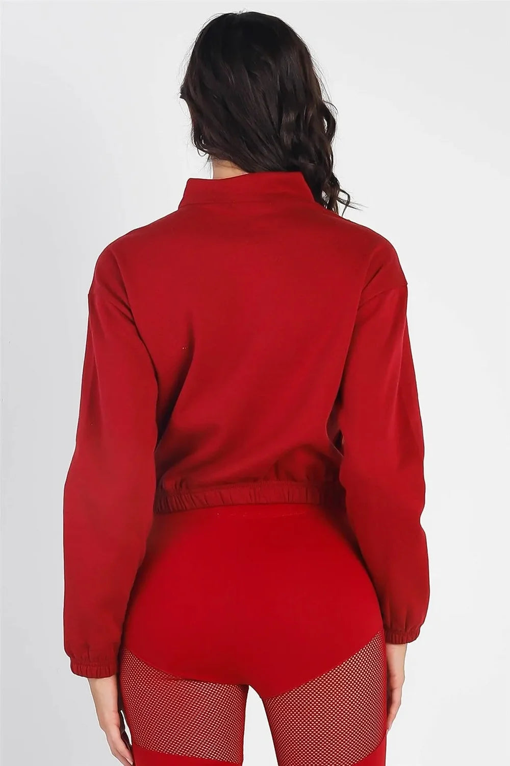 Red Mock Neck Pullover Sweatshirt Half Zip Cropped Activewear Top - Tasha Apparel Wholesale