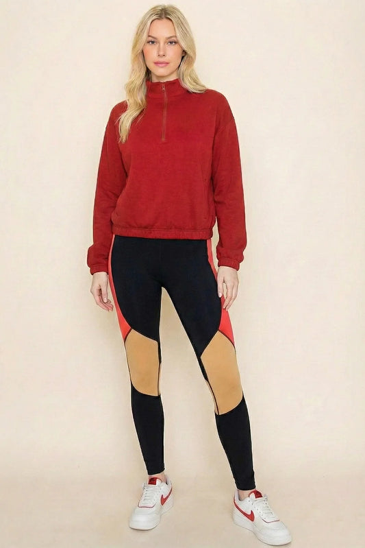 Red Mock Neck Pullover Sweatshirt Half Zip Cropped Activewear Top - Tasha Apparel Wholesale