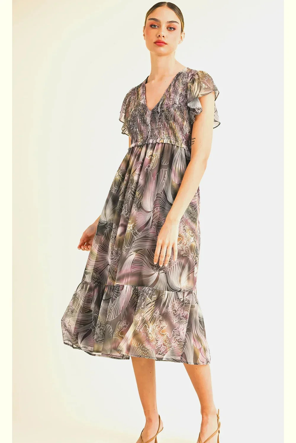 Boho Floral Print Flutter Sleeve V-Neck Smocked Midi Dress - Tasha Apparel Wholesale