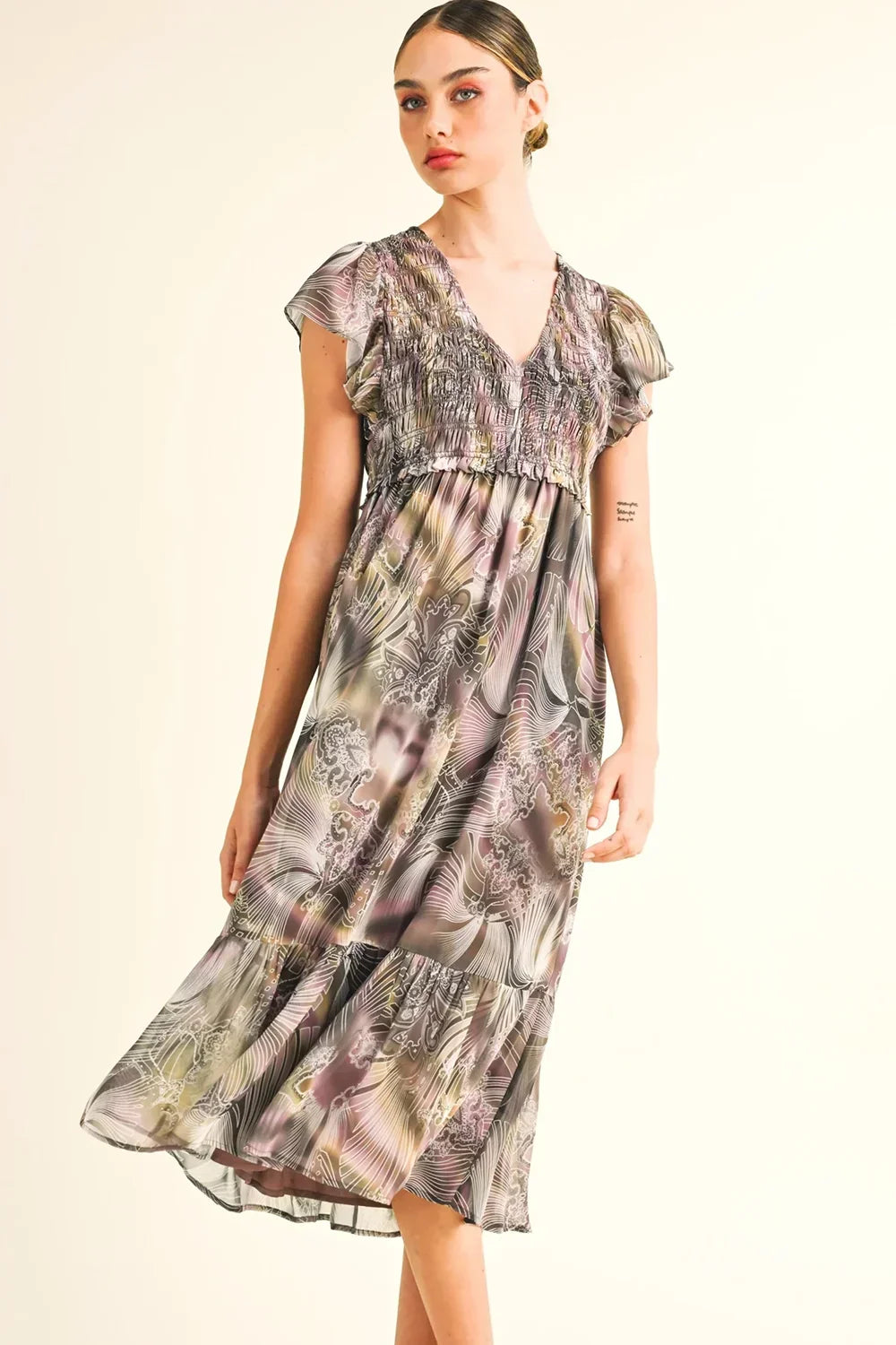 Boho Floral Print Flutter Sleeve V-Neck Smocked Midi Dress - Tasha Apparel Wholesale