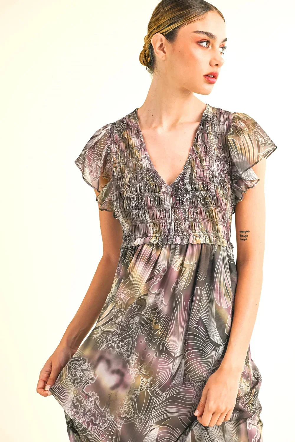 Boho Floral Print Flutter Sleeve V-Neck Smocked Midi Dress - Tasha Apparel Wholesale