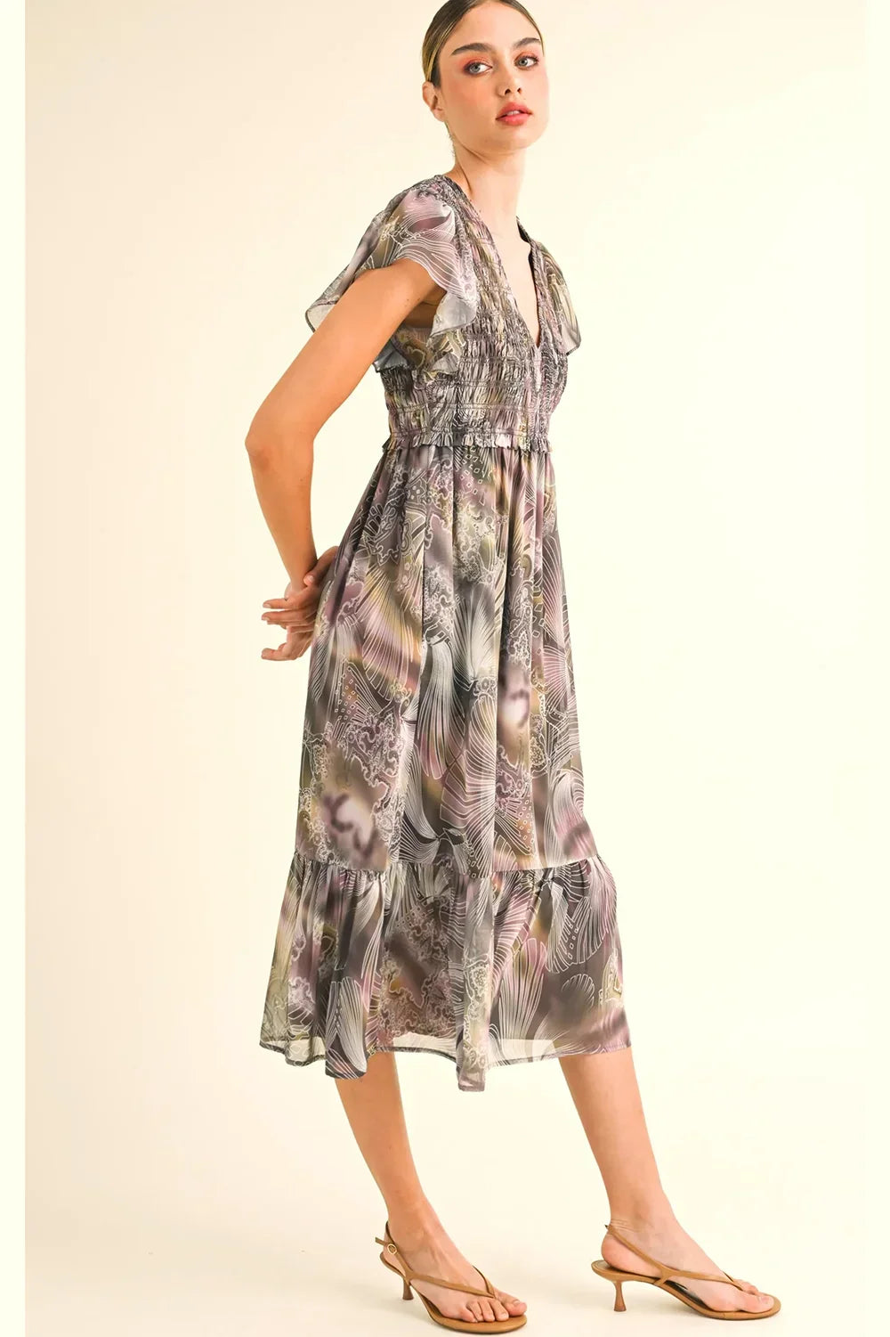 Boho Floral Print Flutter Sleeve V-Neck Smocked Midi Dress - Tasha Apparel Wholesale