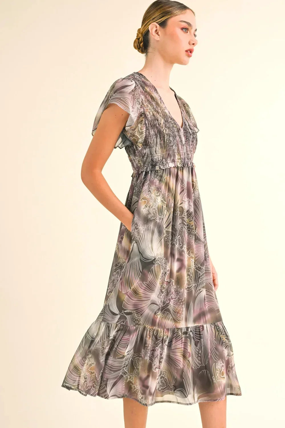 Boho Floral Print Flutter Sleeve V-Neck Smocked Midi Dress - Tasha Apparel Wholesale
