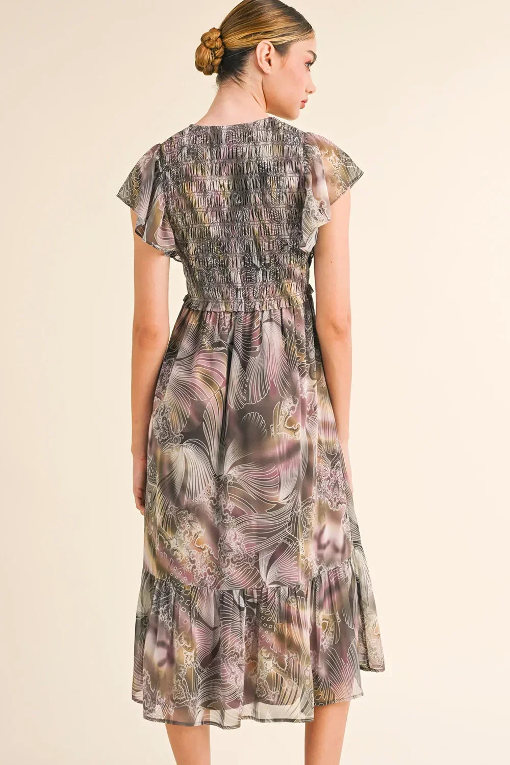 Boho Floral Print Flutter Sleeve V-Neck Smocked Midi Dress - Tasha Apparel Wholesale