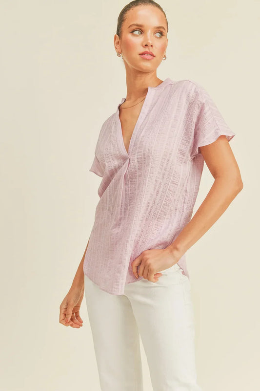 Soft Pink Textured Short Sleeve V-Neck Relaxed Fit Blouse Top - Tasha Apparel Wholesale