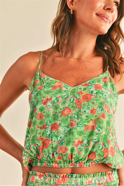 Green Rose Print Shanae Bubble Camisole & Smocked Tiered Ruffle Mini Skirt Set - Tasha Apparel Wholesale