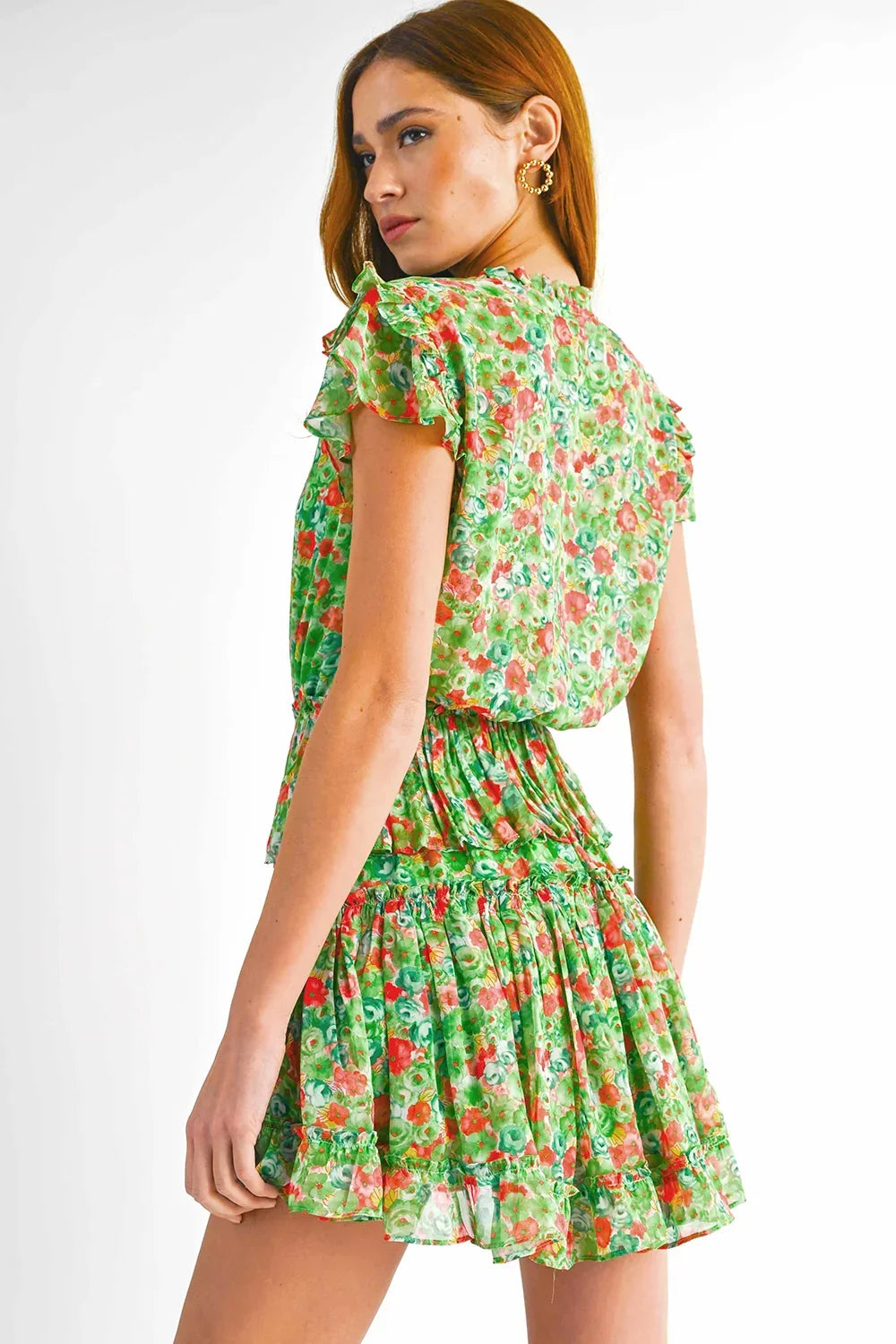 Green Red Floral Print Ruffle Sleeve Keyhole Neck Smocked Tiered Mini Green Red Floral Print Ruffle Sleeve Keyhole Neck Smocked Tiered Mini