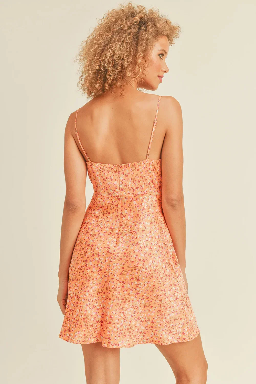 Orange Floral Print Spaghetti Strap Cowl Neck Satin Mini Dress Orange Floral Print Spaghetti Strap Cowl Neck Satin Mini Dress
