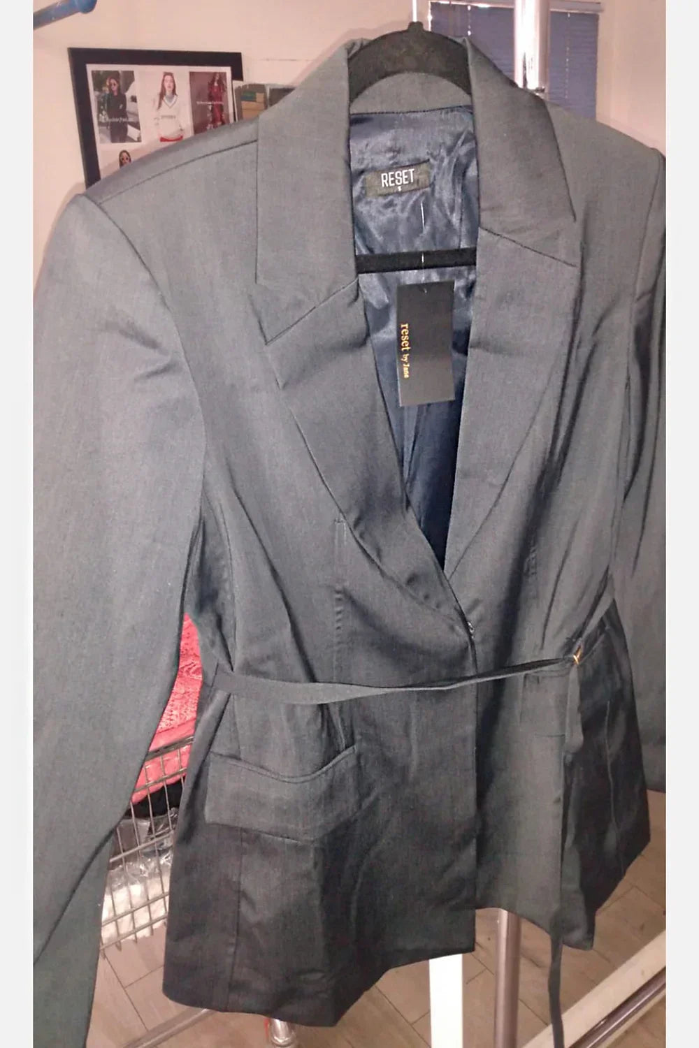 Onyx Charcoal Long Sleeve Belted Open Front Wrap Blazer - Tasha Apparel Wholesale