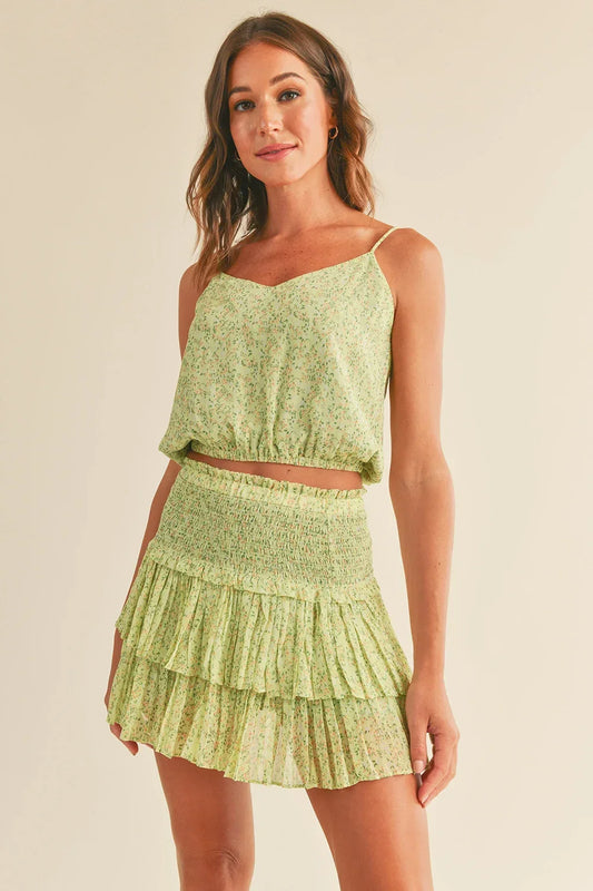 Green Floral Print Spaghetti Strap Crop Top and Smocked Tiered Mini Skirt Set - Tasha Apparel Wholesale