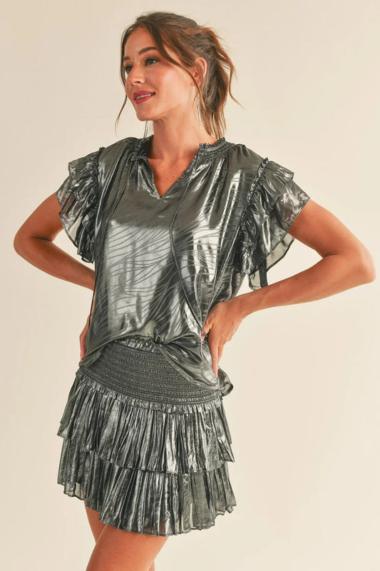 Metallic Ruffle Sleeve V-Neck Elastic Waist Smocked Cropped Party Sasha Top - Tasha Apparel Wholesale