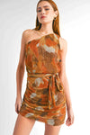 Textured Abstract Print One Shoulder Tie Waist Ruched Bodycon Shining Star Mini Dress - Tasha Apparel Wholesale
