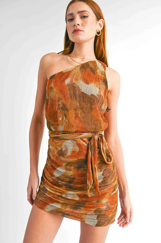 Textured Abstract Print One Shoulder Tie Waist Ruched Bodycon Shining Star Mini Dress - Tasha Apparel Wholesale