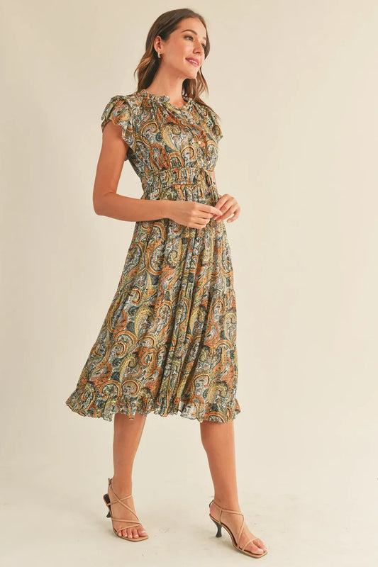 Rust Paisley Print Flutter Sleeve Smocked Waist and Tiered Hem Fall Midi Dress - Tasha Apparel Wholesale