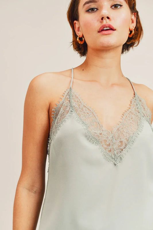 Sage Green V-Neck Camisole with Cross-Back Silky Devon Lace Trim Camisole Top - Tasha Apparel Wholesale