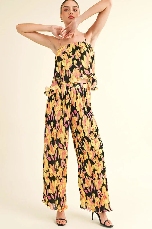 Boho Floral Print Two Piece Crop Top Wide Leg Pants Set Women's Summer Matching Set - Tasha Apparel Wholesale